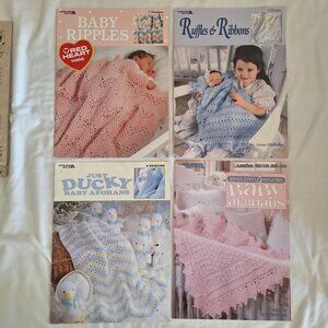 4 Crochet Baby Blanket Afghan Pattern Book Lot Ripples Just Ducky Ruffles Ribbon